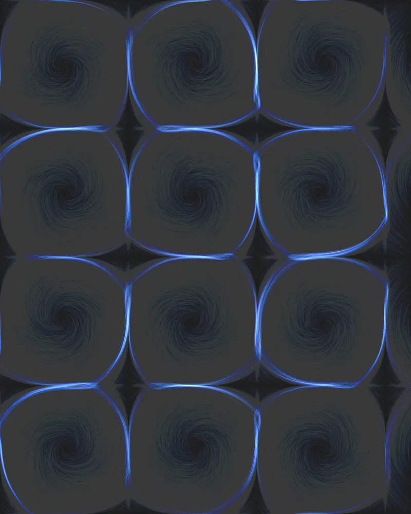 Edition print: four-by-four vortex lattice — electric blue seams around a grid of dark swirls