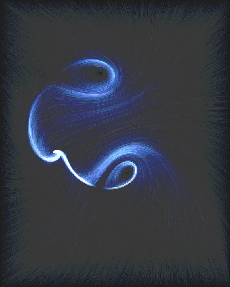 Edition print: four attractors — luminous blue vortex rings sweeping across deep graphite