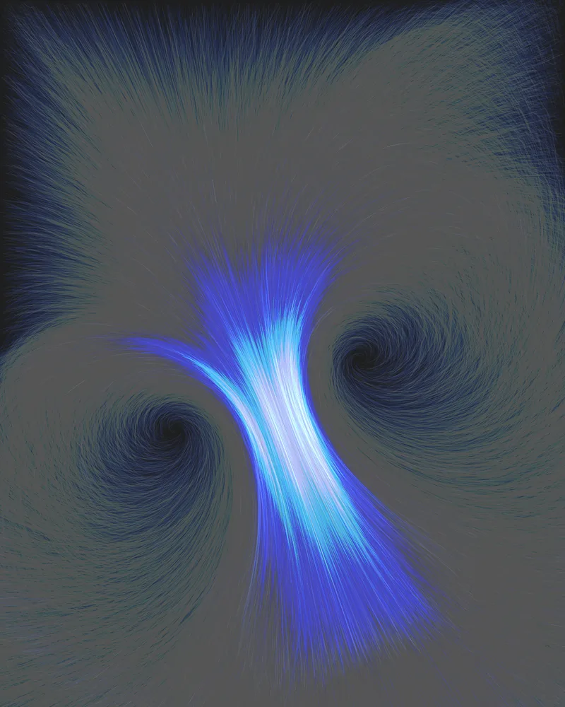 Edition print: twin orbit — a moth-shaped fountain of ultramarine streamlines between two dark vortices
