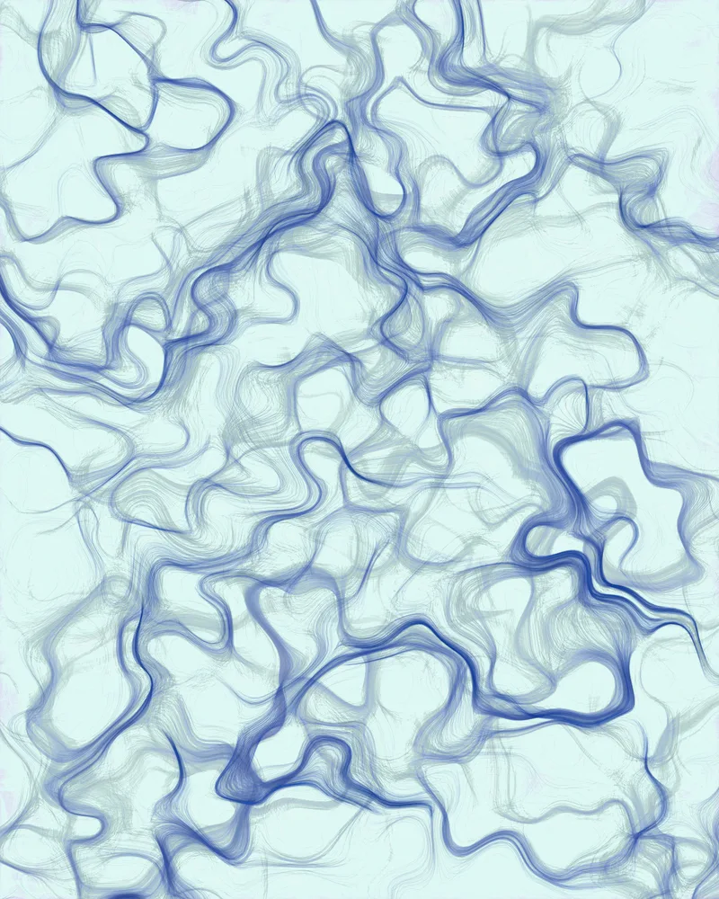 Edition print: two-octave curl field — Klein blue ink smoke braiding over gallery bone